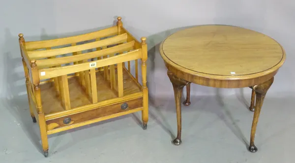 A 20th century mahogany three division Canterbury 55cm wide x 53cm high and a 20th century mahogany circular occasional table on tapering pad feet, 60