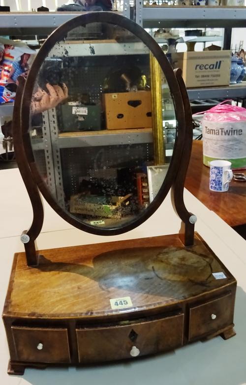 A George III mahogany bowfront toilet mirror with three drawers on bracket feet, 37cm wide x 50cm high.   BAY 3
