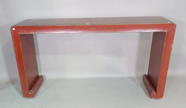 An early 20th century red lacquer hardwood Chinese altar table on rollover duel supports, 158cm wide x 88cm high.   ROST