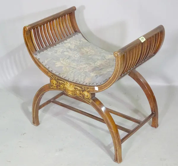 An Edwardian inlaid mahogany 'X' frame footstool, 55cm wide x 57cm high.  K4