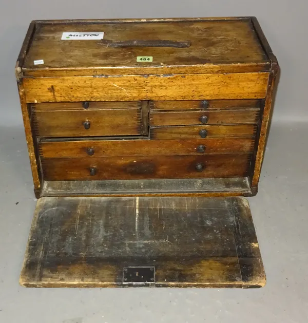 An early 20th century stained pine tool box, 50cm  wide x 35cm high.  K7