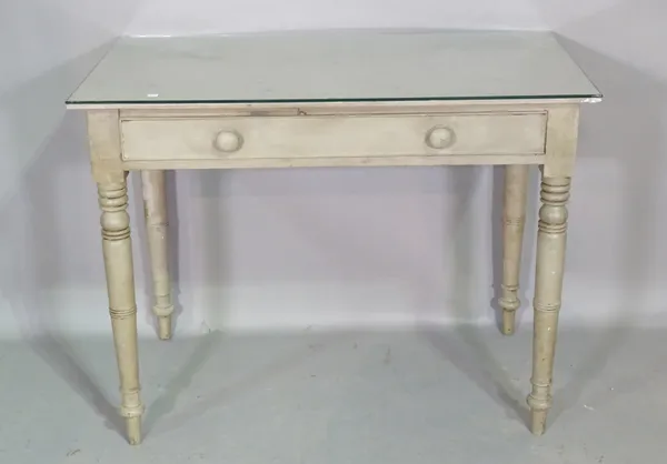 A 19th century grey painted single drawer side table on ring turned supports, 90cm wide x 68cm high.  K6