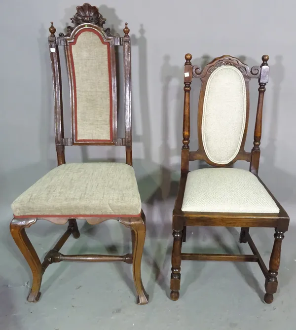 A pair of 17th century style oak high back dining chairs and a set of four 20th century oak dining chairs, (6).   E4