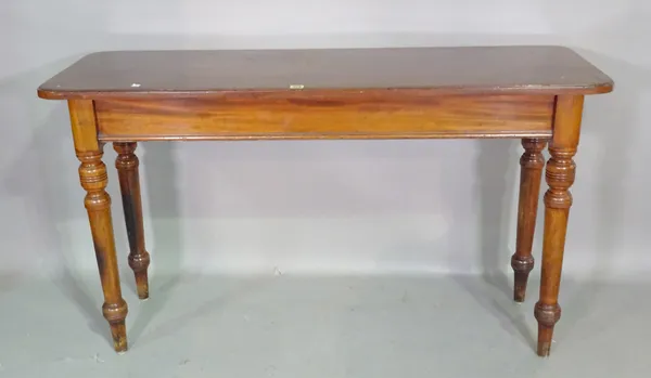A 19th century mahogany side table on ring turned supports, 137cm, wide x 80cm high.   H8