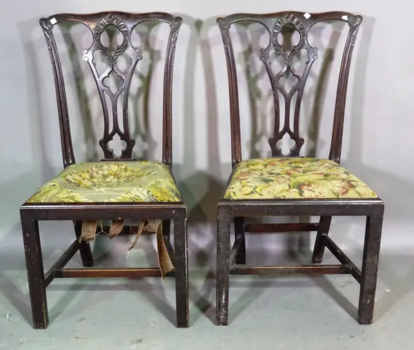 A pair of George III mahogany framed side chairs, with pierced splat, on block supports, 52cm wide x 97cm high (2).Provenance; Property from Prudence