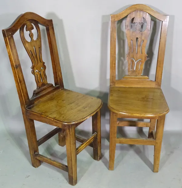 A pair of Italian 18th century provincial walnut side chairs, each with pierced splat and solid seat on square supports, 37cm wide x 96cm high, (2).