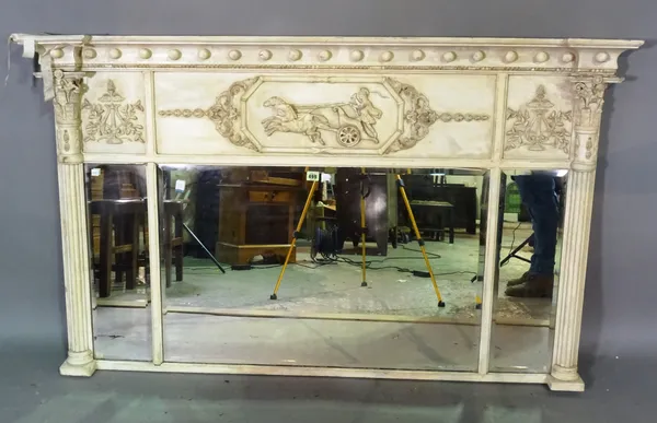 A later white painted Regency overmantel mirror, with Roman chariot upper frieze above triple mirror plate, 149cm, wide x 90cm high.  ROST