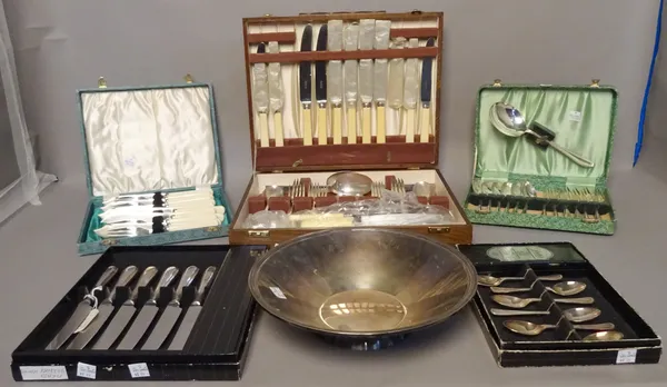 Silver plated wares, comprising; five cased sets of flatware and a bowl, (qty).   CAB
