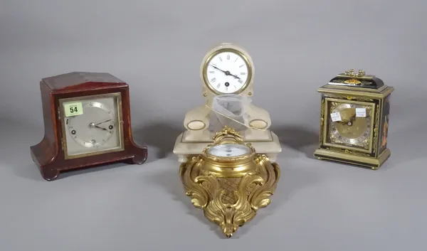 A French gilt metal cartel timepiece, a French alabaster mantel timepiece, a chinoiserie mantel timepiece and an Art Deco chiming mantel clock.   CAB