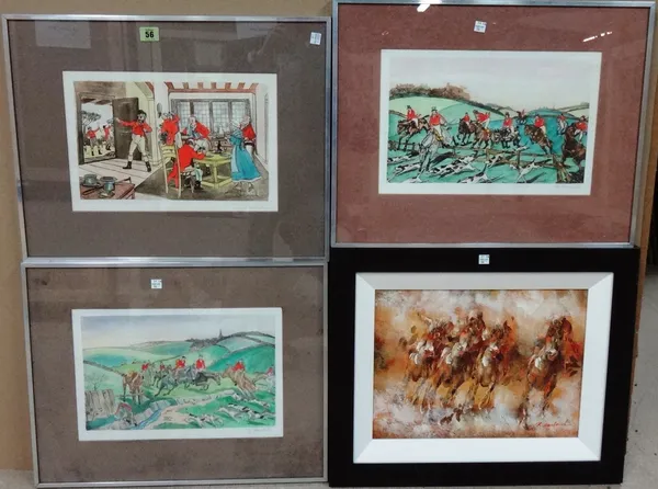 W. Honeywell (20th century), Hunting scenes, three hand coloured prints, signed in pencil, together with an acrylic painting of race horses signed Bam