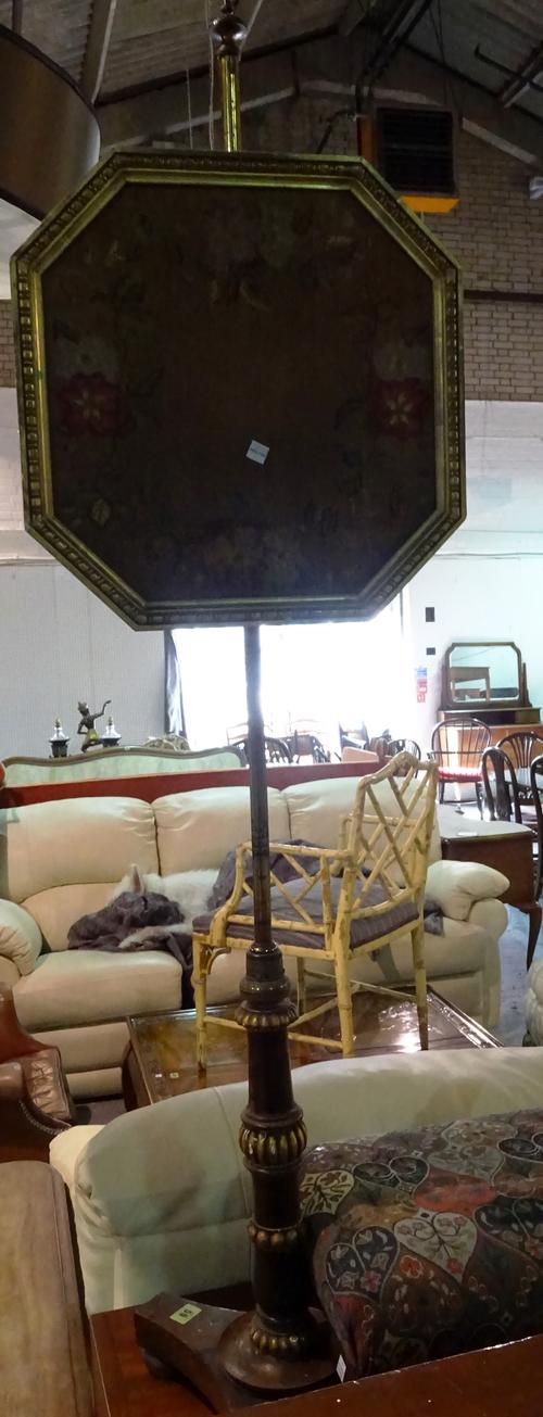 A Victorian mahogany pole screen on trefoil base and floral tapestry panel, 140cm high.  H7