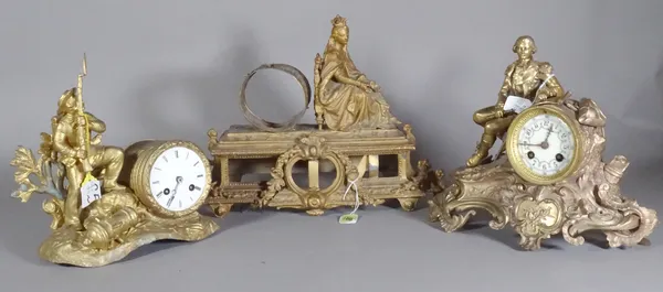 Three various 19th century spelter mantel clocks.   S2T