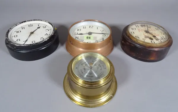 A copper cased capstan style wall clock, two others and a brass cased capstan style aneroid barometer.  S2M