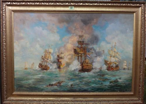 M. J. Rendell (20th century), A Naval Engagement, oil on canvas, signed, 49.5cm x 75cm.; together with a reproduction print ' A letter for the Skipper