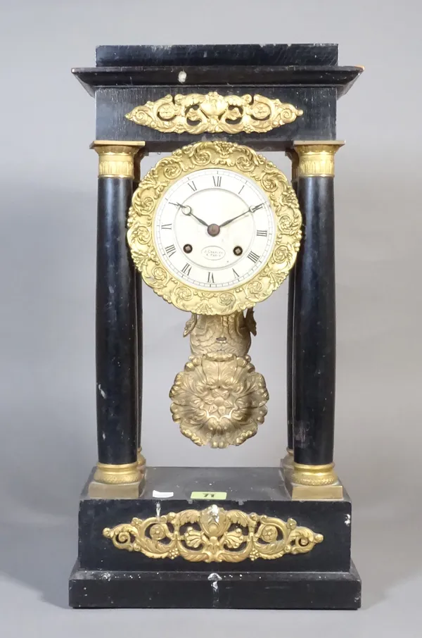 A French ebonised Portico mantel clock, late 19th century, ormolu mounted, the silvered dial detailed 'J. CHARLES A PARIS', with two train movement, c