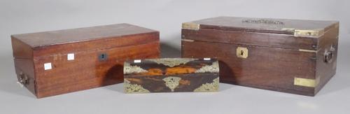 A 19th century brass bound Anglo Indian teak writing box, a mahogany writing slope and a Victorian brass mounted calamander domed top box. S2T