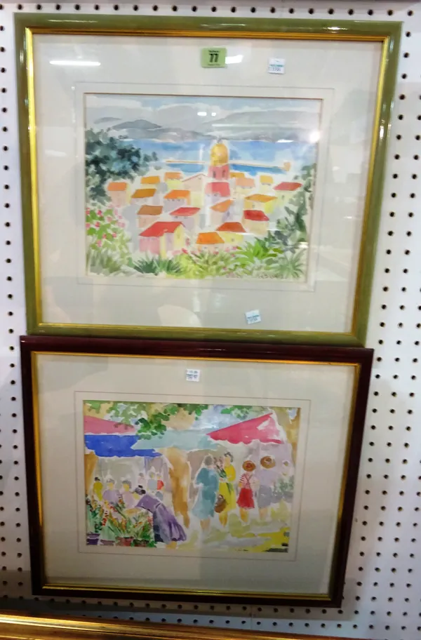 A group of six, including a watercolour of a colonial church signed Phil Fisher, two watercolours by Patricia Pascuale, and three reproduction prints,