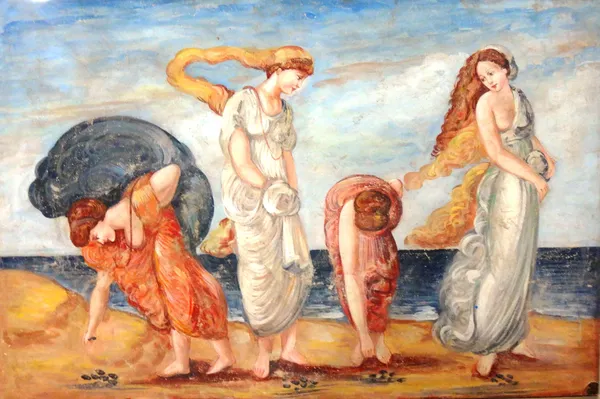 Continental School (early 20th century), Classical Maidens gathering shells on the seashore, tempera on canvas?, unframed, 121cm x 184cm.  D1