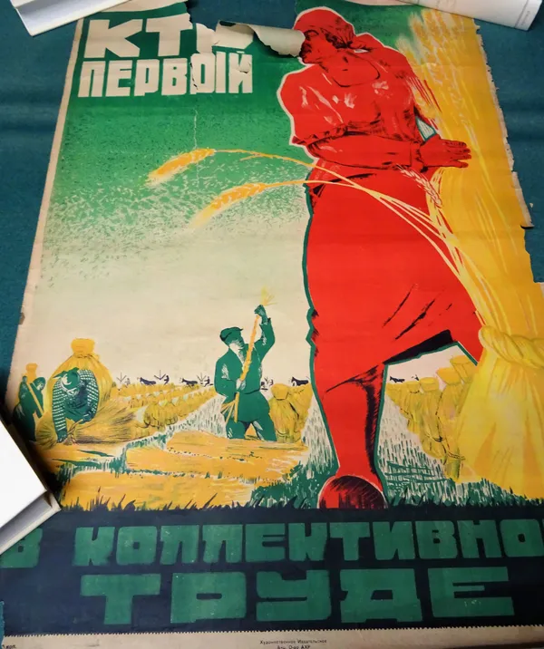 RUSSIAN PROPAGANDA POSTERS - a group of posters, lithographs, ca. 1930s,  with Russian text only, 'KPECT H TPAKTOP  . . .  ', 88cm. x 56cm., Cheremnic