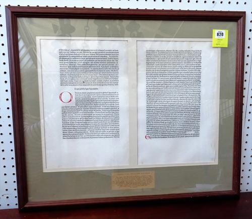 LYRA (Nicholas of) - Postilla Super Totam Bibliam.  2 folio leaves, with the beginning of the Postilla on the Apocalypse of St. John printed in Latin