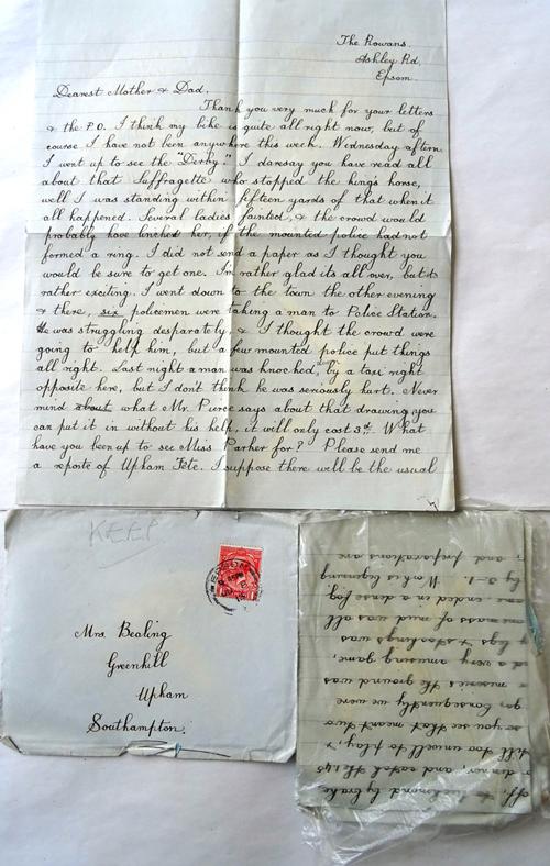 EMILY DAVISON AT THE DERBY - a 32 line letter written by 'Len', the son of one of the servants at 'Greenhill', Upham, Southampton, to his parents, giv