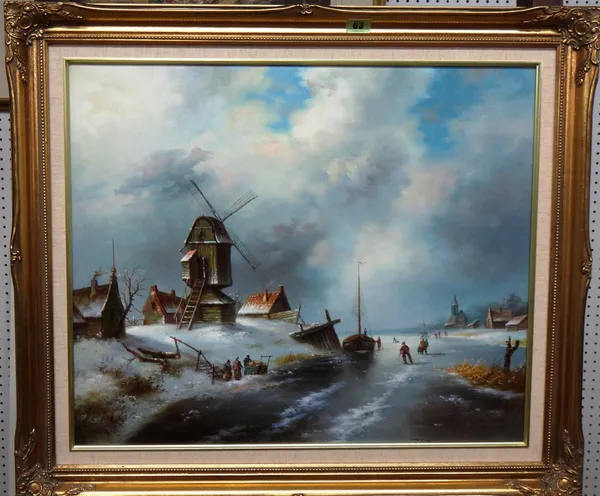Dutch School (20th century), A frozen winter landscape with windmill, oil on canvas, indistinctly signed, 50cm x 60cm.  J1