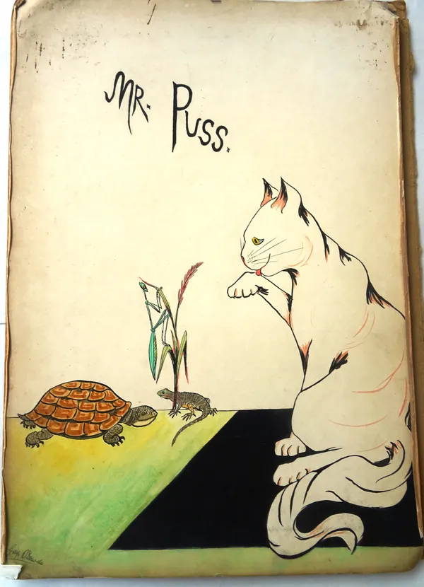 ORIGINAL ARTWORK - by O' Dowda (? Lady Gay), for an apparently unpublished children's book 'Mr. Puss', a cat living in India. includes 21 signed large