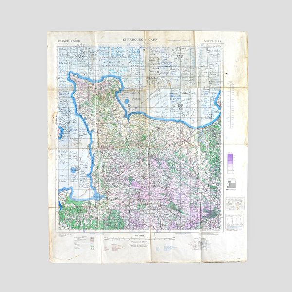 BRITISH WAR OFFICE MAP OF CHERBOURG & CAEN - topographical & road map, sheet 3a & 8 of the 40 sheet series, 90.5cm. x 78.5cm, showing coloured grid da