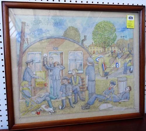 ROYAL AIR FORCE  -  Pilots of Thirty Two Fighter Squadron. Biggin Hill, watercolour, 44cm. x 54cm., initialled 'A',1941, artist's caption top l.h. 'Pi