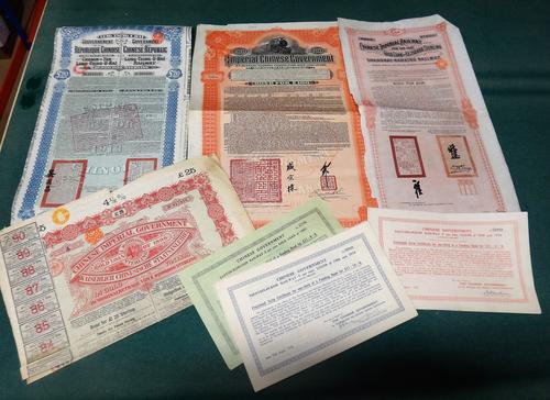 SCRIPOPHILY - Chinese Imperial Government / Republic of China Stocks & Bonds Certificates. gold loan bonds, railway funds, dividends paid & scrip cert