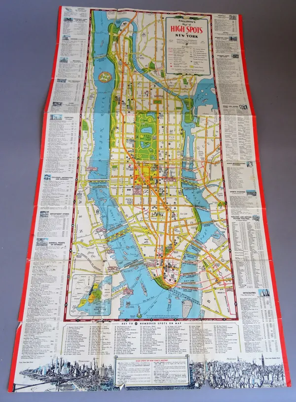 HAGSTROM'S MAP OF HIGH SPOTS IN NEW YORK - colour sheet, map area 67cm. x 28cm., surrounding the map on 3 sides information of 'high spots' including