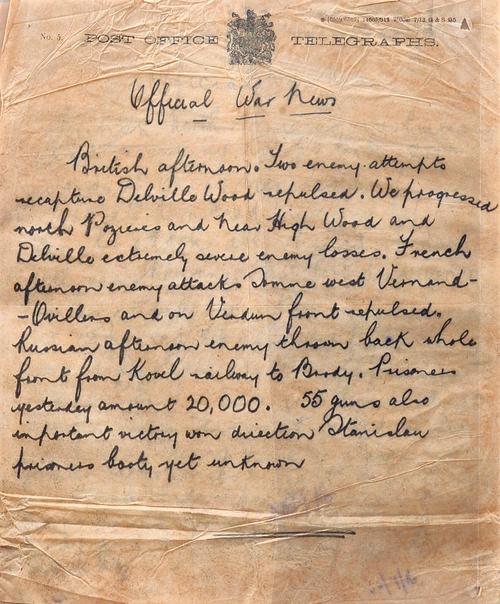 WORLD WAR 1. OFFICIAL NEWS TELEGRAPHS - a collection of 135 ms. telegraph bulletins, August 1914 - April 1918, handwritten by the local postmaster, on