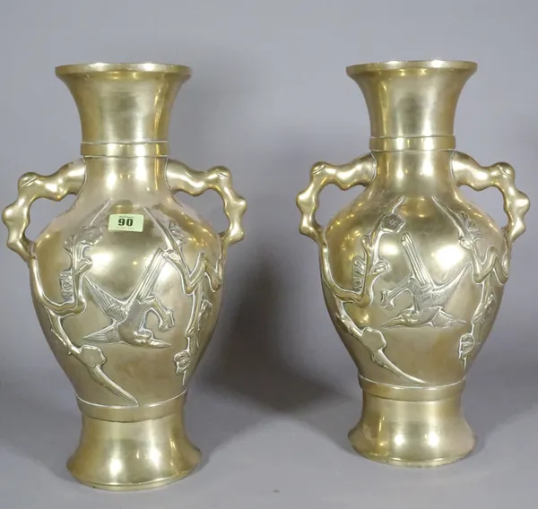 A pair of 20th century Asian bronze vases, re polished now with bronze patina.  D4