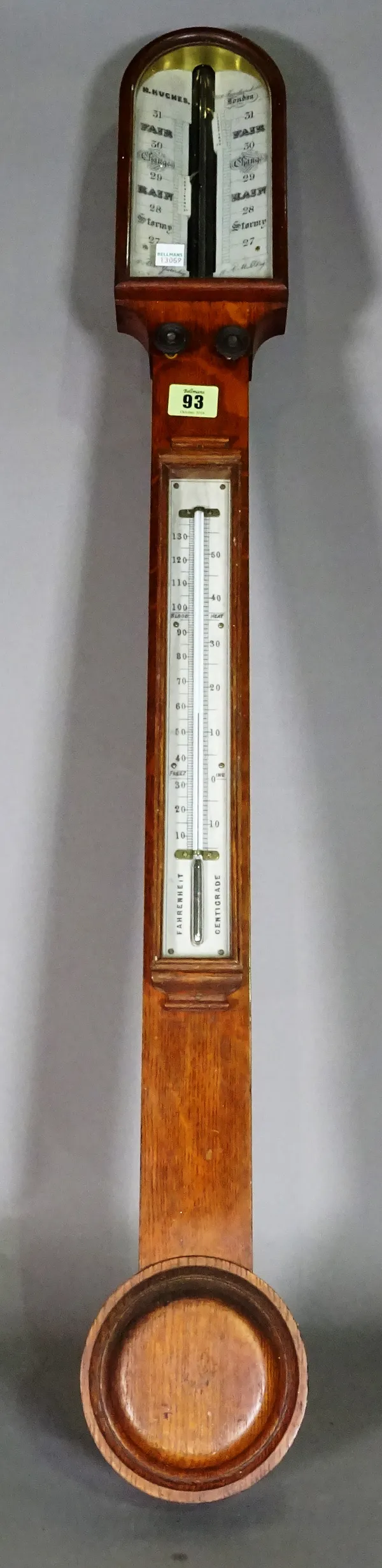 A 'Hughes' mahogany cased stick barometer, 19th century, with applied thermometer and circular cistern, 92cm high.  Provenance; Property from Prudence