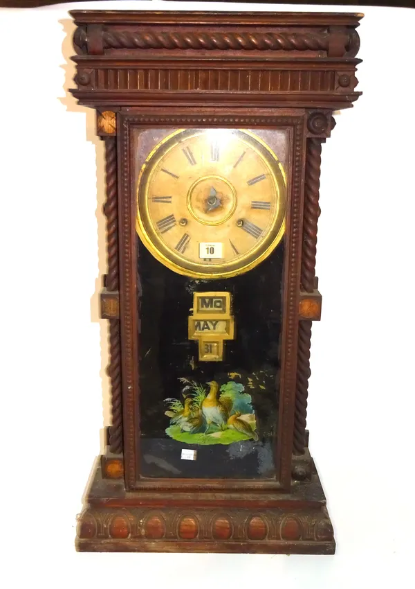 A 19th century 8 day wall clock with integral calendar 38cm wide x 77cm high. H10
