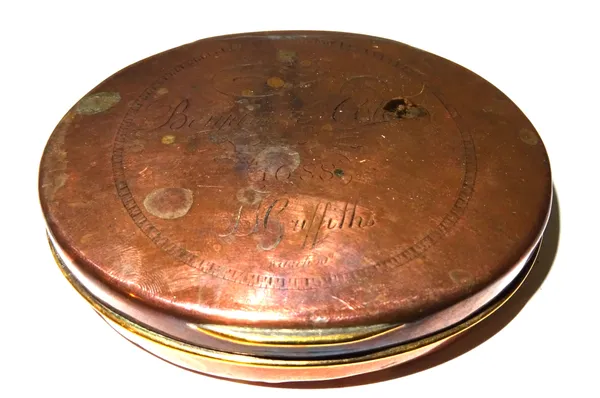 An 18th century oval copper tobacco box with engraved decoration, 10cm wide.  CAB