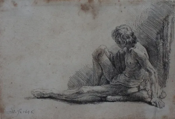Rembrandt van Rijn, A Nude Man Seated on The Ground with One Leg Extended , 1646, etching, later impression, 10cm x 14cm.