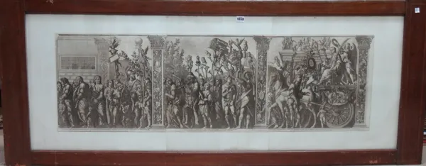 After Andreas Mantegna, Caesar's Triumphs, three engravings by Robert van Audenaerde, published by Domenico de Rossi, circa 1692, after the Hampton co