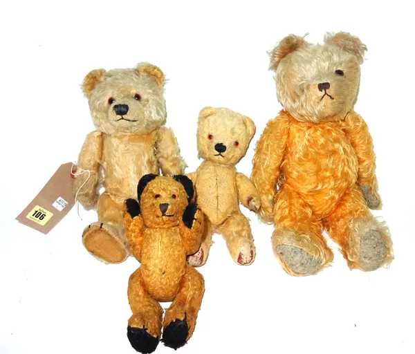 A group of four early 20th Century teddy bears. CAB