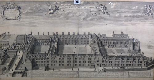 After Loggan, St Johns College, Cambridge, engraving by Overton, 39cm x 79cm.