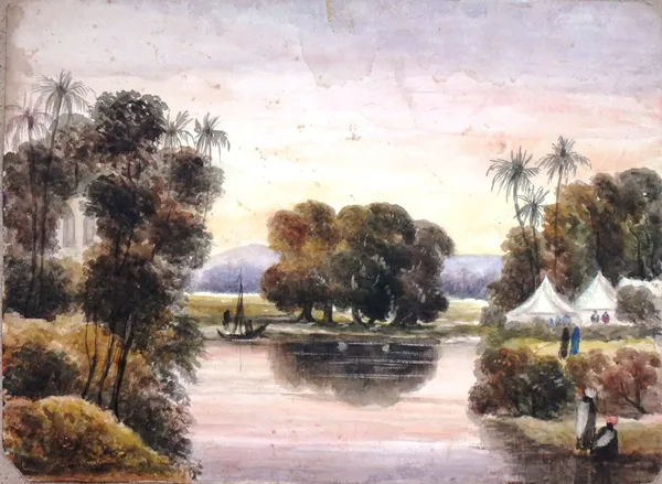 English Colonial School (19th century), Eight views of India, including Laikhana, the Haffila Serai; The Laikhanah School House; A bridge built over t