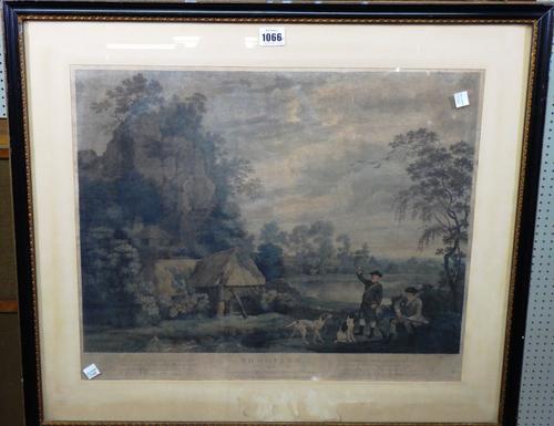 After George Stubbs, Shooting, plates I-IV, a set of four engravings, by William Woollett, with hand colouring, each 43cm x 53cm, (4).