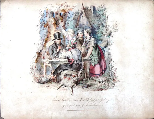 Attributed to Gottlob Heinrich Bruckner (b.1823), Country people from the Saxon Mountains, pen, ink and watercolour, 22cm x 28.5cm.; together with a p