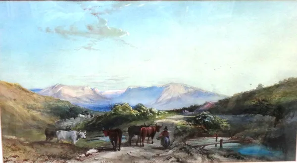 Follower of James Burrell Smith, Cattle in a mountainous landscape, watercolour, 29.5cm x 53.5cm.