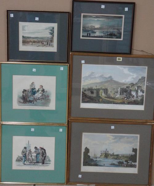 A group of six, including a pair of hand coloured engravings of Roman ruins, after Berthault, a pair of Italian Peasant studies, a View of Reading and