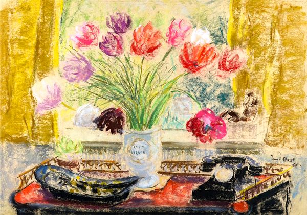 Paul Lucien Maze (1887-1979), Still life of flowers and black telephone, pastel, signed and indistinctly dated /57(?), 53cm x 47cm. DDS Illustrated