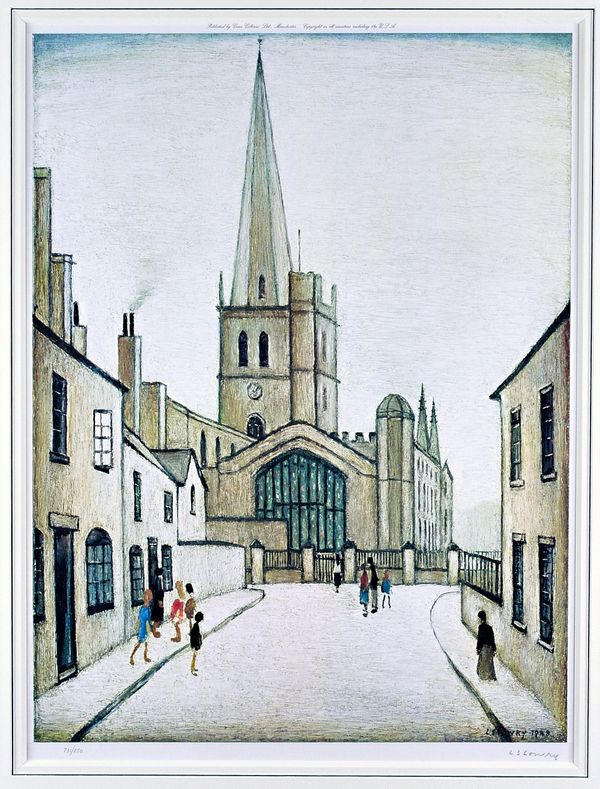 Laurence Stephen Lowry (1887-1976), Burford Church, colour print, signed in pencil and numbered 731/850, 63cm x 46cm. DDS Illustrated