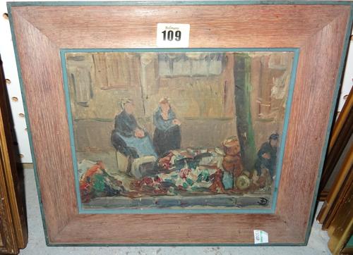 Continental School (early 20th century), Figures on a street, oil on canvasboard, 20cm x 22.5cm. Provenance; Property from Prudence and the late Mariu