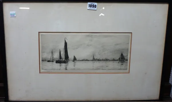 William Lionel Wyllie (1851-1931), Vessels in harbour, etching, signed, 12cm x 30cm.; together with a further etching of the Solent, by Sir David Muir