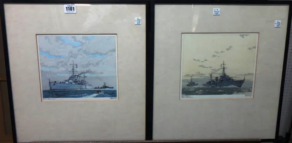 Fred Jay Girling (1900-1982), Dawn Patrol, H.M.S Gurka; H.M.S Cornwall, a pair of watercolours, both signed and inscribed, each 17.5cm x 20.5cm.   DDS